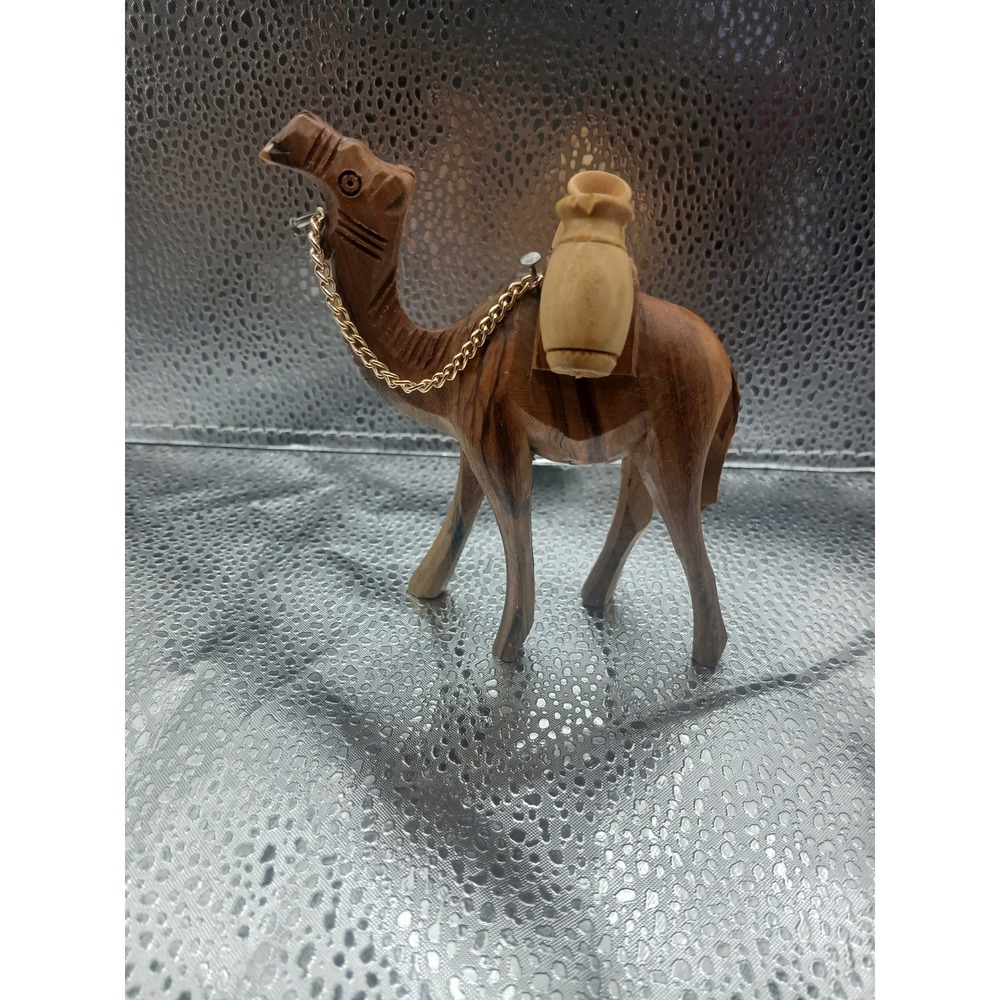 Vintage Hand Carved Olive Wood Camel Figurine with Pots and Chain Detail 4.5